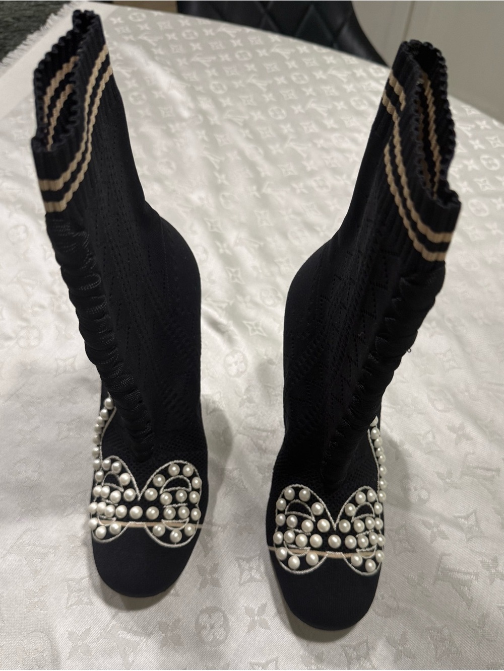 Fendi Black Stretch-Knit Pearl-Embellished Sock Boots